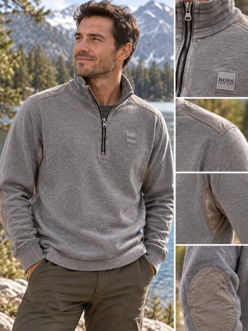 BOSS Hugo Boss Sandro Mens S Gray 1/4 Zip Cotton Sweater Pullover Logo Preppy